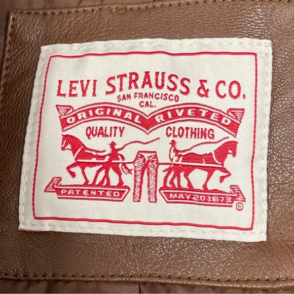 Levi's Brown Faux Leather Biker Jacket With Zipped Pockets & Belted Waist Sz XL - Picture 11 of 13